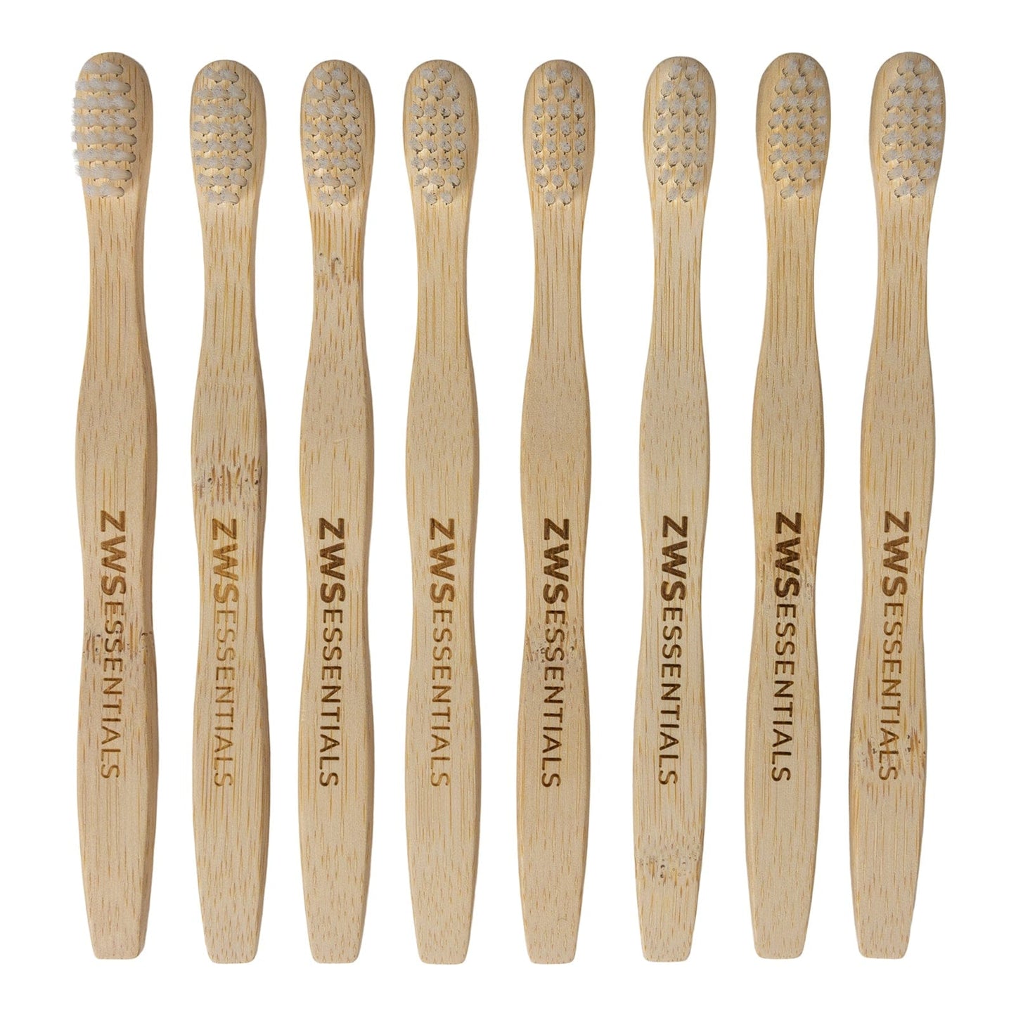 Eight Bamboo Toothbrushes from ZeroWasteStore.com with light bristles stand upright side by side, each handle engraved with the brand name, offering a zero waste toothbrush option against a clean white background.