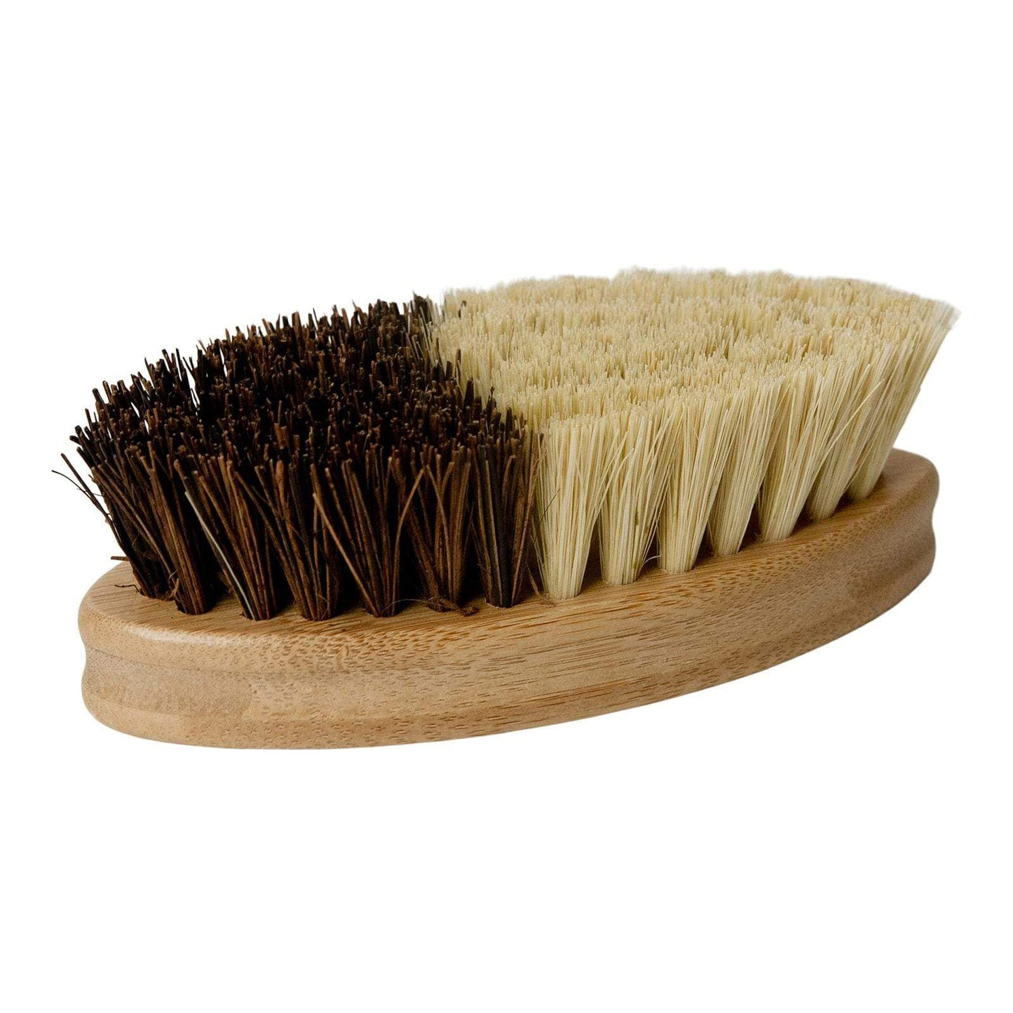The Vegetable Brush from ZeroWasteStore.com is a plastic-free, wooden brush with stiff, dark bristles on one side and softer, light bristles on the other—making it an eco-friendly scrubber for cleaning and polishing produce.