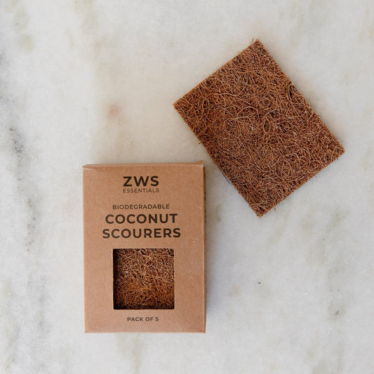 Coconut kitchen scrubber from ZeroWasteStore.com, eco-friendly household cleaning supply with natural coconut fibers for scrubbing dishes.