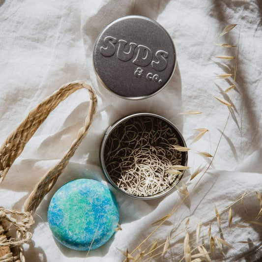 ZeroWasteStore.com Suds & Co. travel tin for shampoo and conditioner storage, compact soap dish and holder for travel use