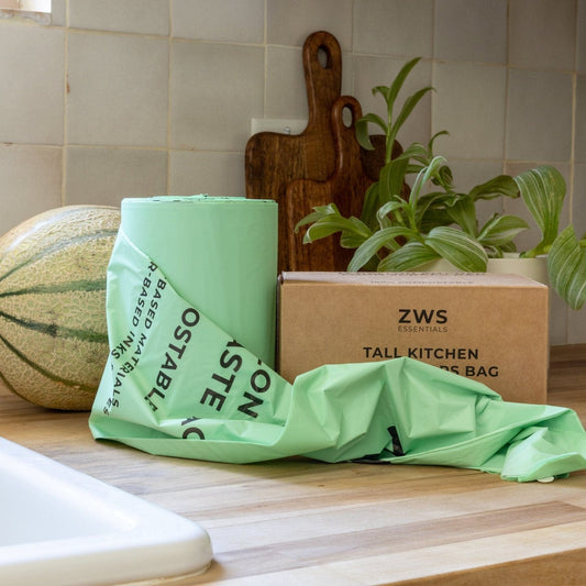 Compostable trash bags from ZeroWasteStore.com, eco-friendly waste disposal bags for composting and household use.