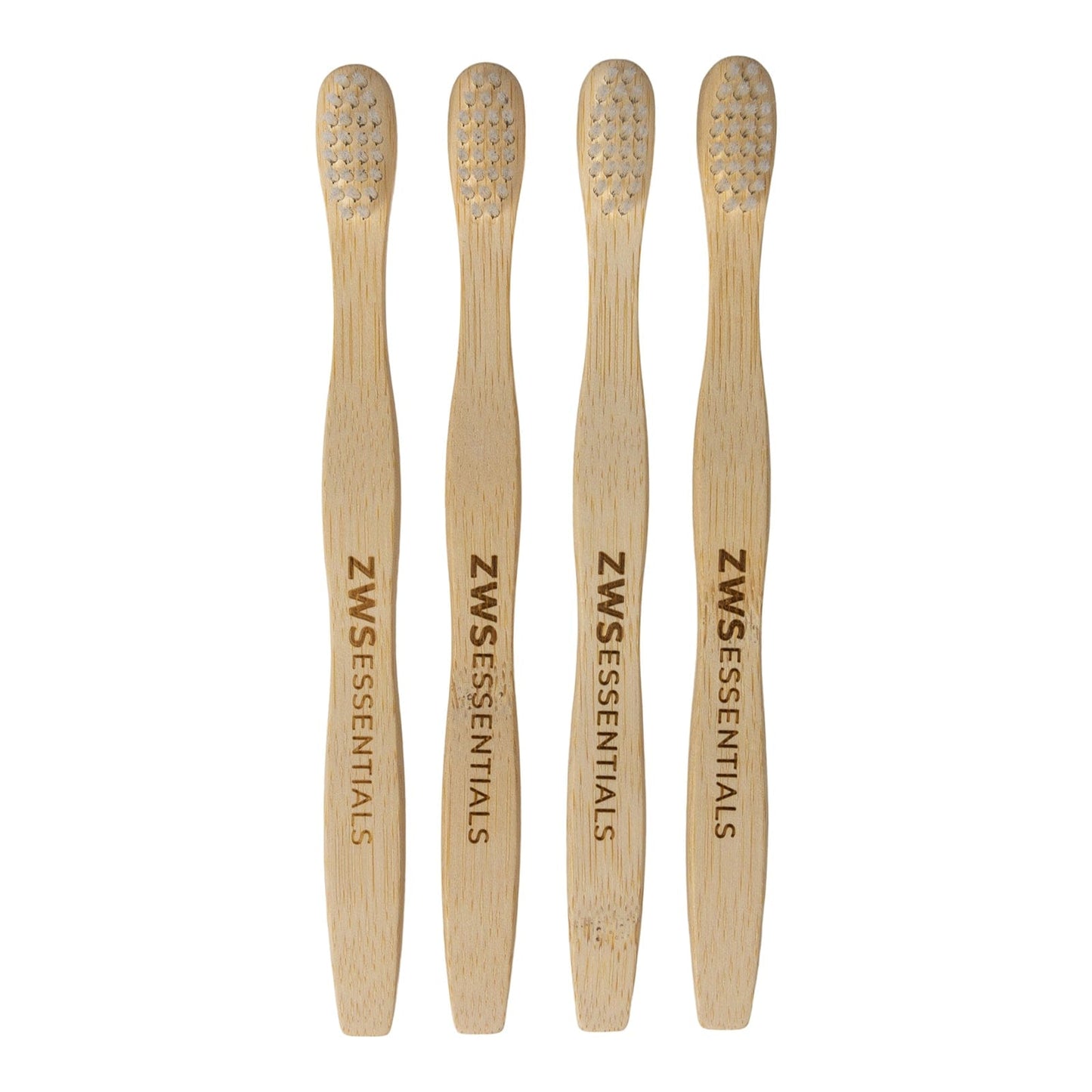 Four “ZeroWasteStore.com” Bamboo Toothbrush - Child toothbrushes stand upright in a row against a white background—a stylish, eco-friendly option for kids' daily routines.