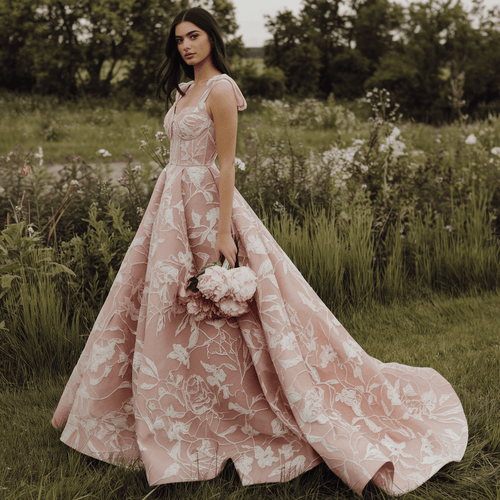 Pink prom dress and prom attendee holding a bouquet of peonies 