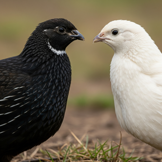 Black and white edition Quail hatching eggs from Quailz.com by Undique LLC, showing a row of speckled quail eggs on a white background.