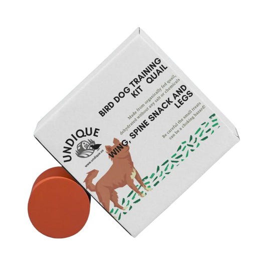 Dog training kit featuring Quail Wing treats from Quailz.com by Undique LLC, ideal for reinforcing positive behavior in dogs.