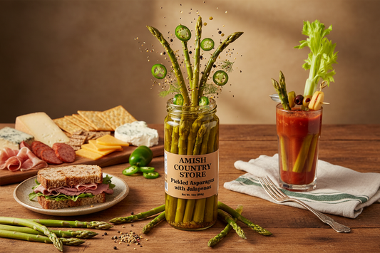 Canned Amish Country Store pickled asparagus with jalapenos, 16oz jar showing green asparagus spears and jalapeno slices inside