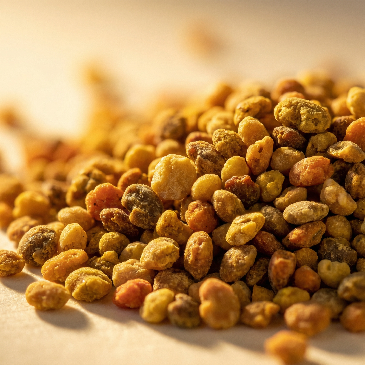 Close-up of 1 pound bee pollen granules in a jar, showcasing their textured, granular appearance from The Lady May superfoods.