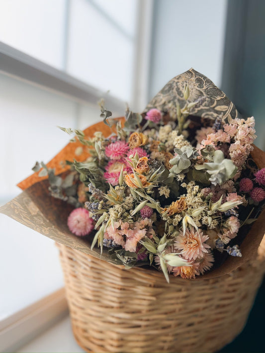 Dried bouquet of soft, dreamy SMFF flowers from Sunny Meadows Flower Farm with delicate blooms and natural earthy tones.
