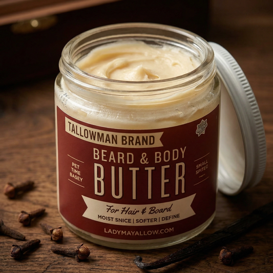 Close-up of Lady May Tallow men's beard butter trio gift box featuring natural tallow-based body cream and lotion.