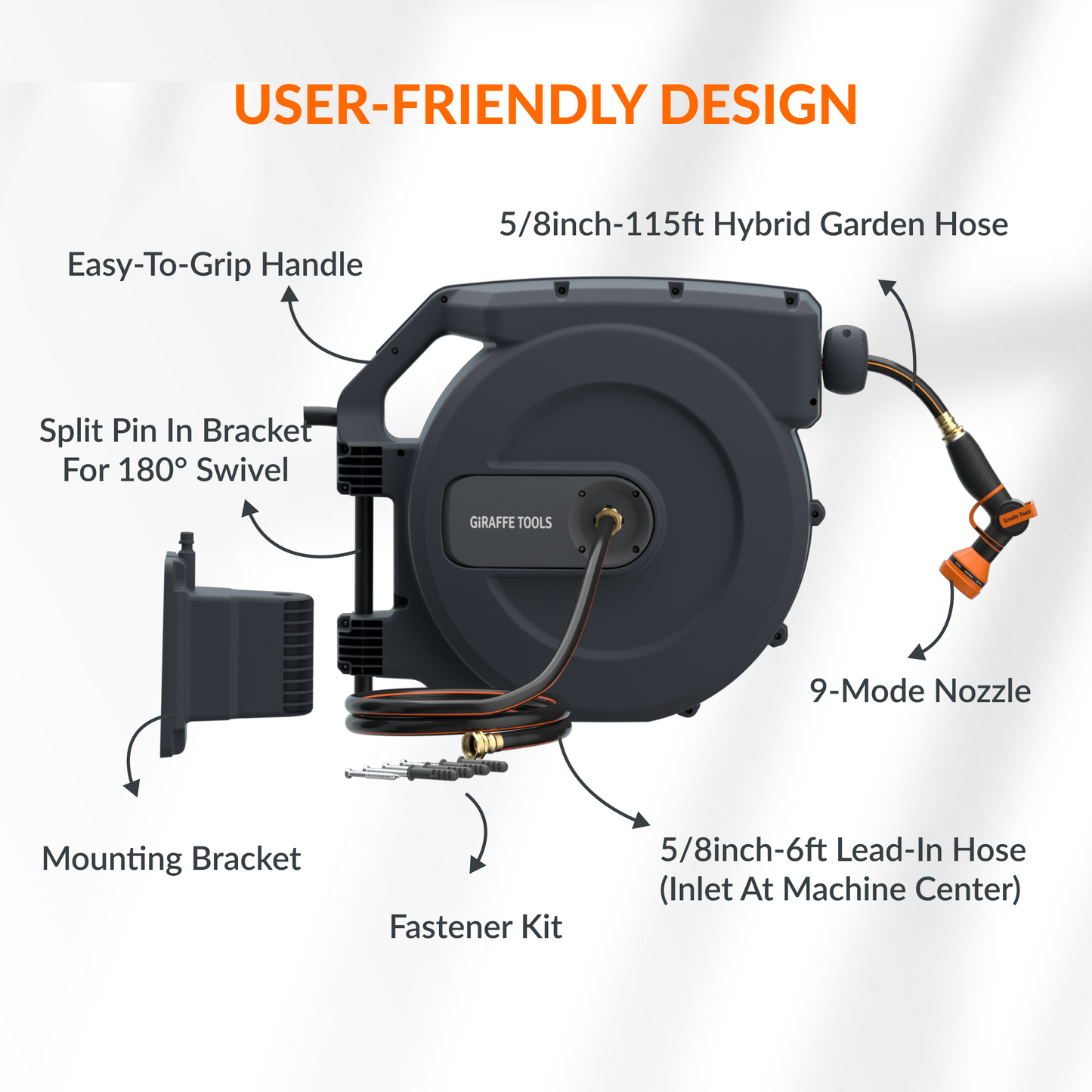 Giraffe Tools US retractable garden hose reel with 5/8 inch, 115 feet hose, mounted outdoors for easy watering and storage.