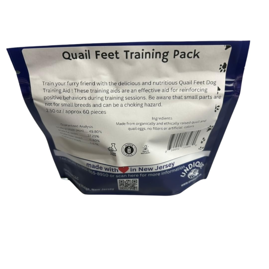 Dog treats featuring quail feet from Quailz.com by Undique LLC, shown as a training pack with natural quail foot treats for dogs.