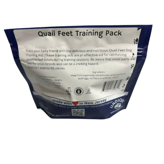 Dog treats featuring quail feet from Quailz.com by Undique LLC, shown as a training pack with natural quail foot treats for dogs.