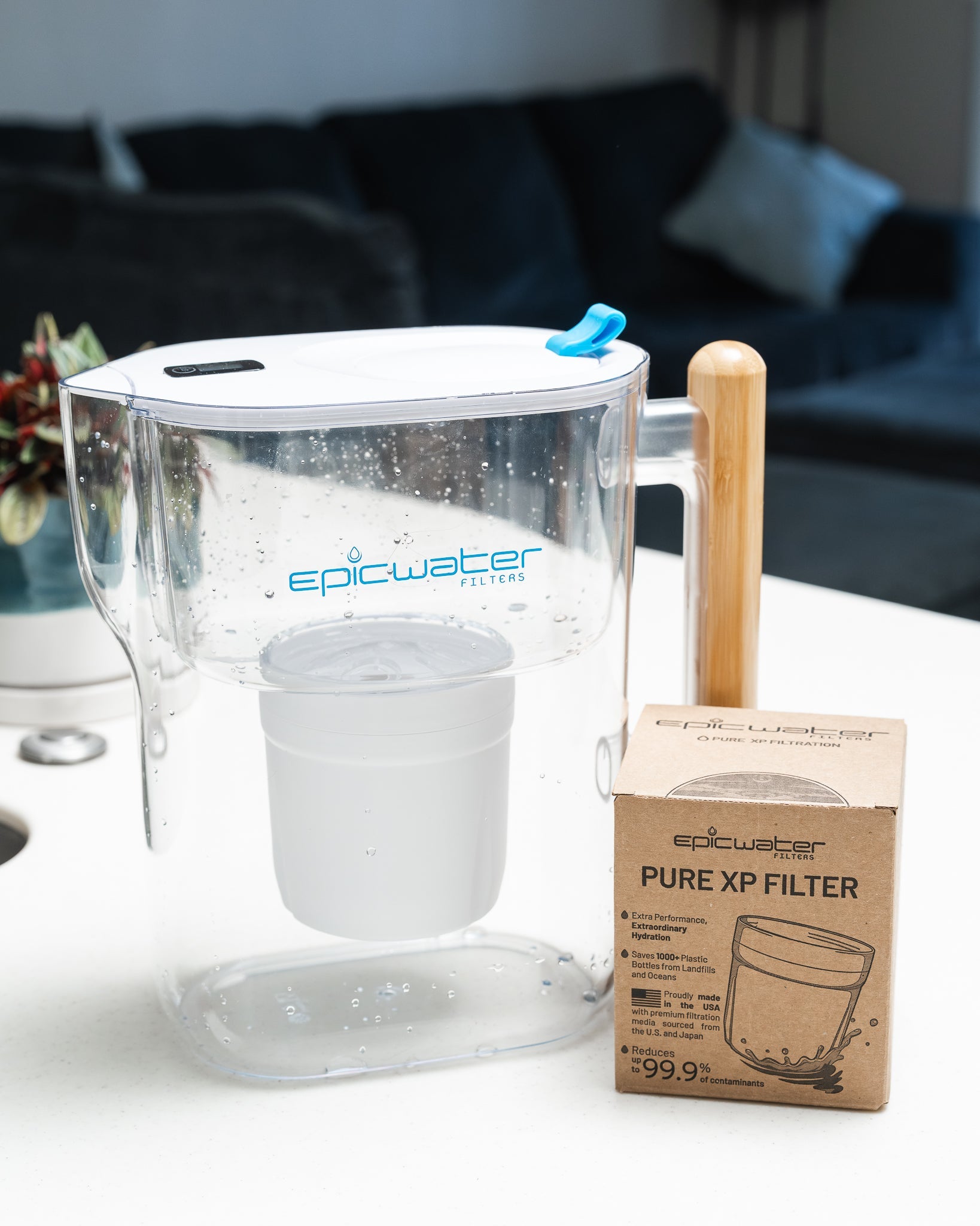 Epic Water Filters Pure XP Pitcher in red, designed to reduce fluoride, PFAS, and parasites for clean drinking water.