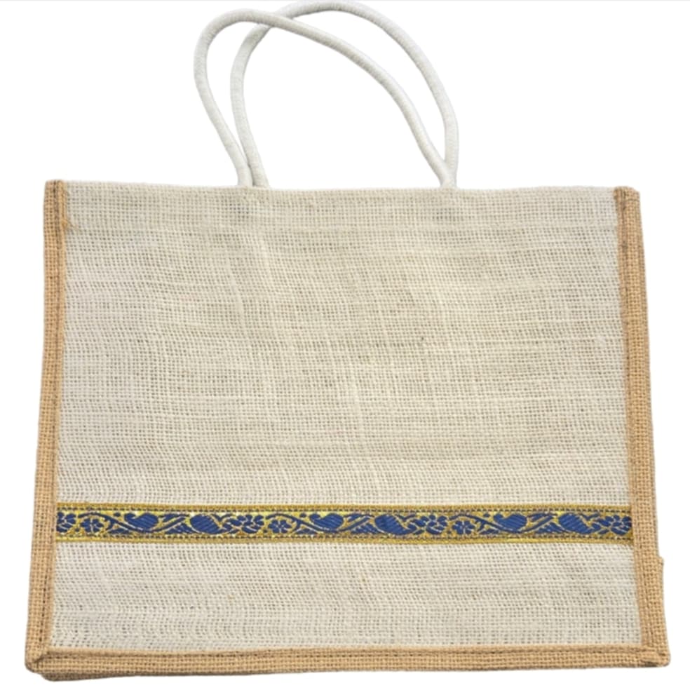 Vintage style MicRic jute cotton tote bag with large pocket, perfect for shopping and casual outings.