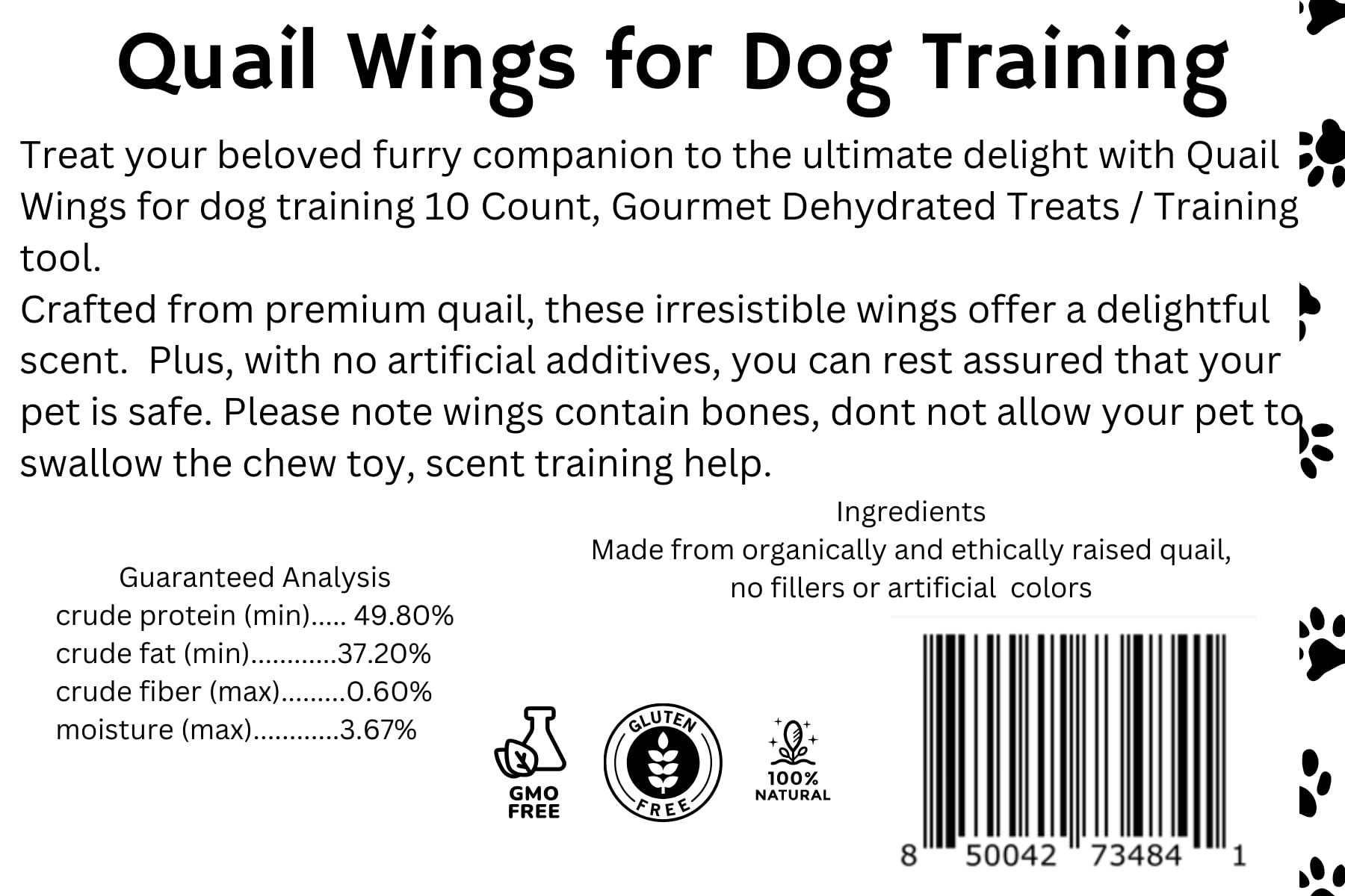 Small Quail Wings for dog training, 10-count pack from Quailz.com by Undique LLC, fresh and natural pet treat for dogs.