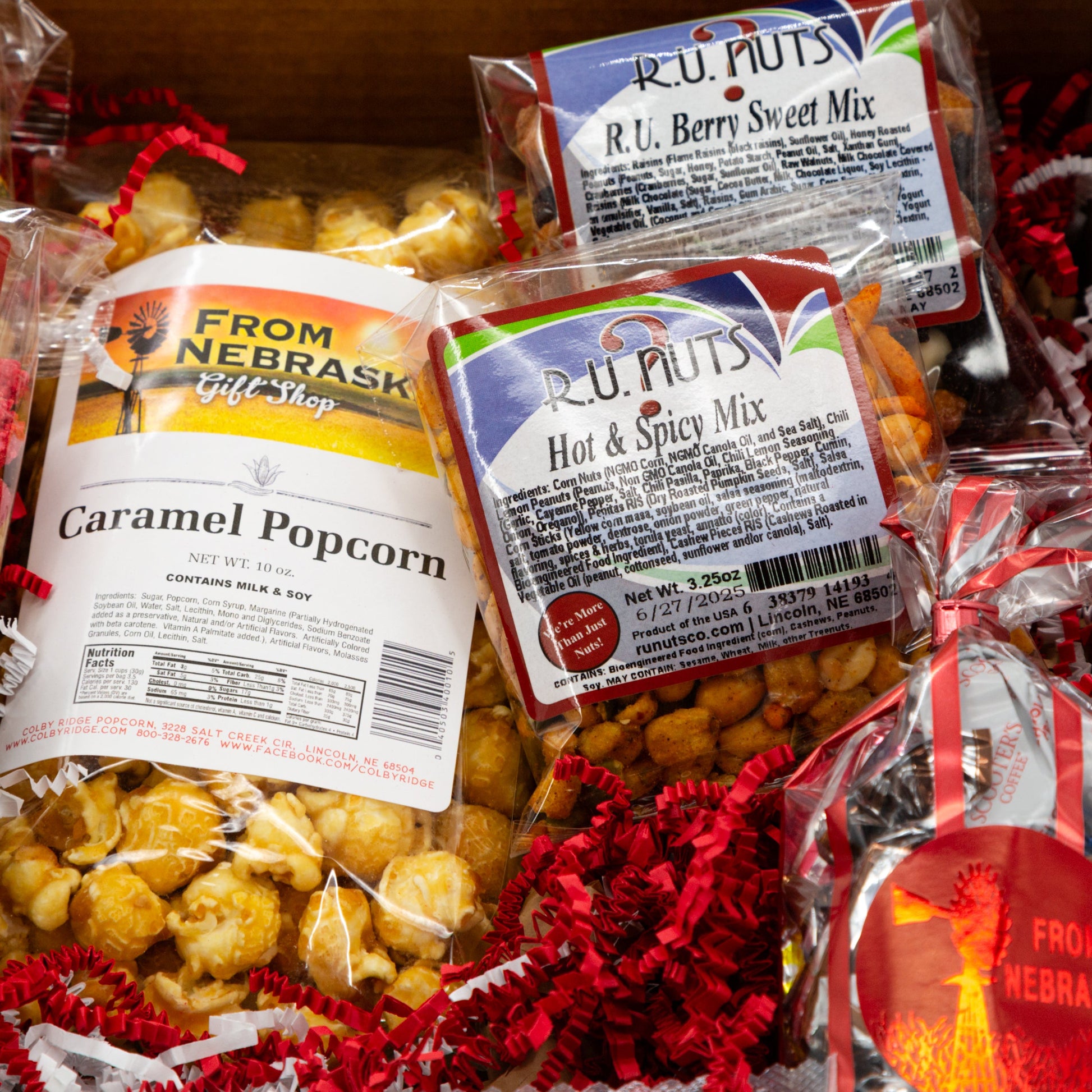 Nebraska Snacks Gift Box from BuyNebraska.com with assorted local snacks in a decorative gift basket.