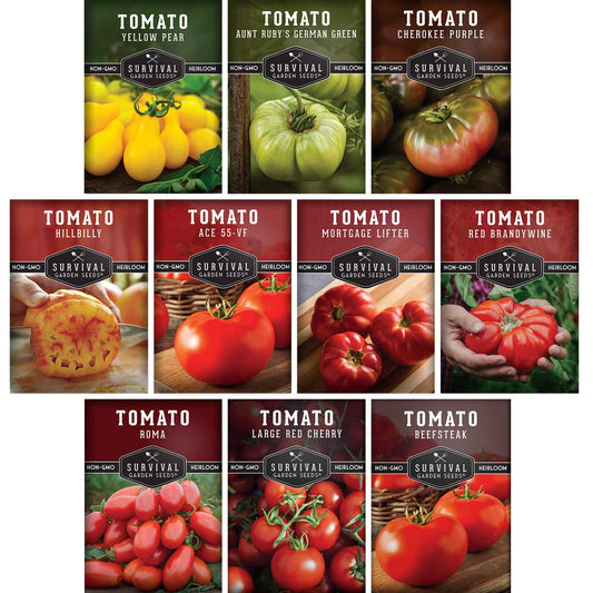 10 Tomato Seed Collection – Heirloom & Garden Favorites for Slicing, Sauces, Canning & Fresh Eating - SurvivalGardenSeeds ~ Blessings Grow Meadows
