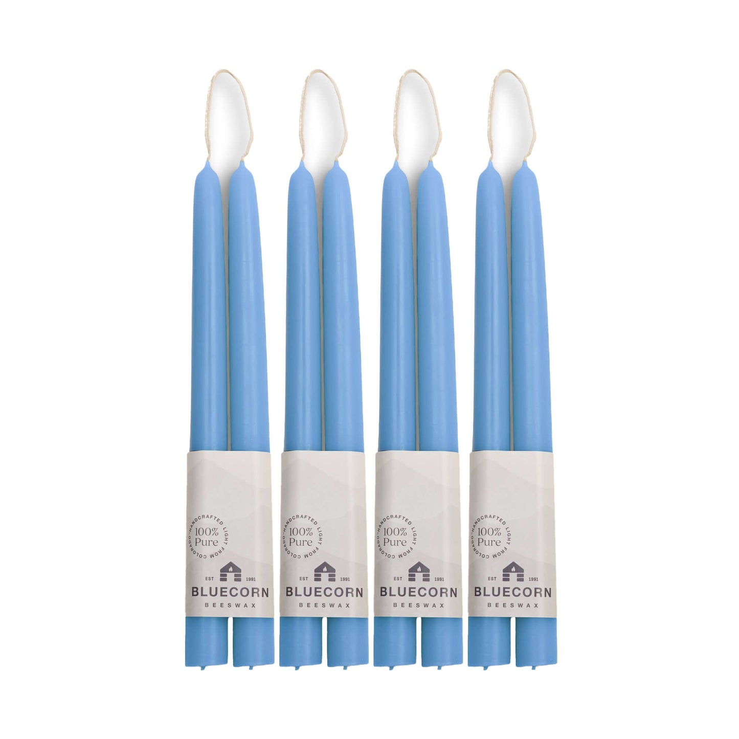 Sky blue beeswax taper candles from Bluecorn Candles, 10-inch long, hand-dipped, bulk 4-pair bundle, natural candlelight.