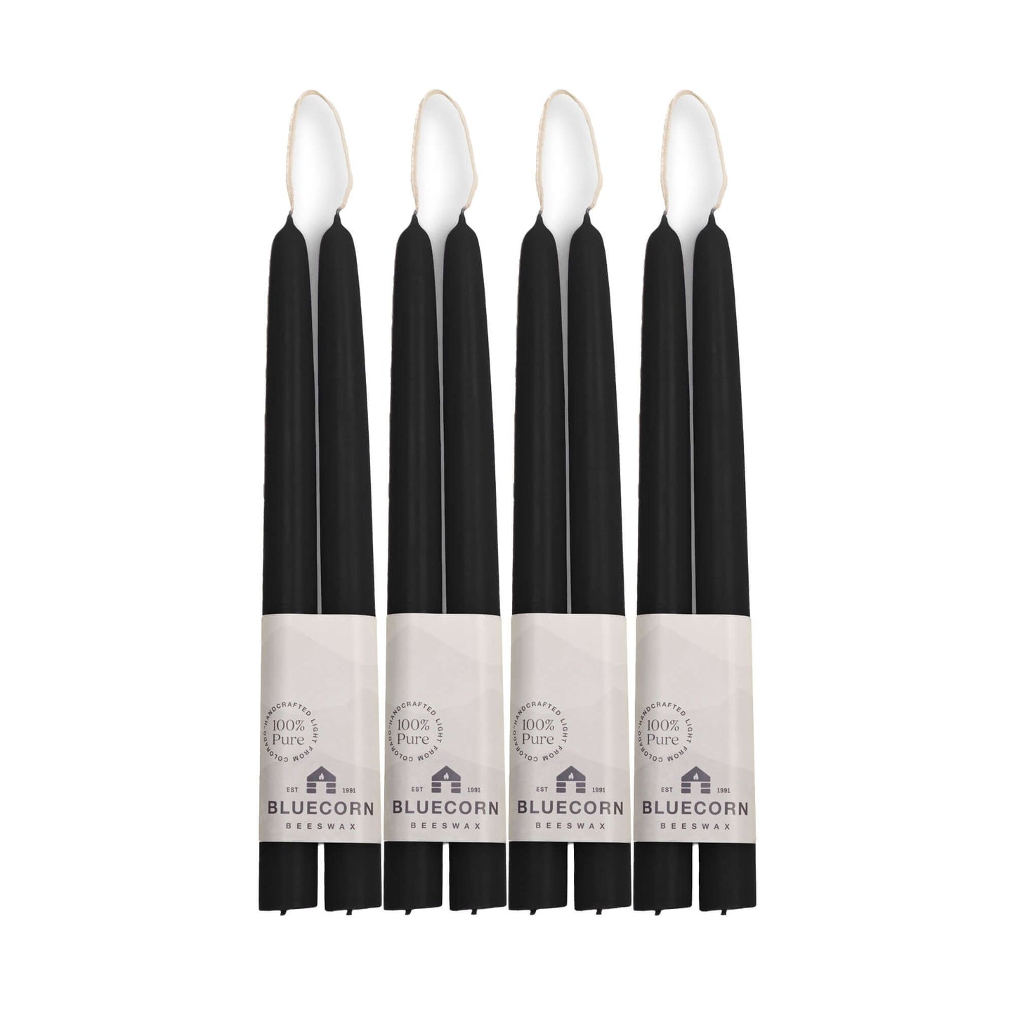 Set of 8 black hand-dipped beeswax taper candles from Bluecorn Candles, 10-inch tall, ideal for elegant candle displays.