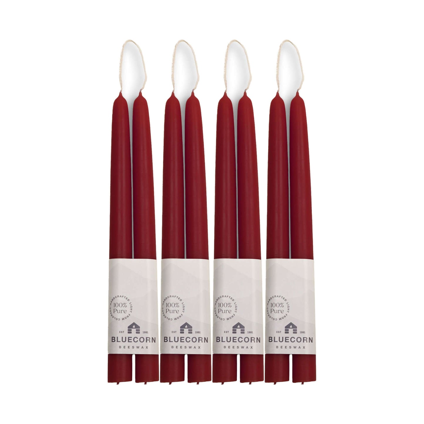Set of 8 Burgundy red beeswax taper candles, 10-inch tall, from Bluecorn Candles, ideal for elegant lighting and décor.