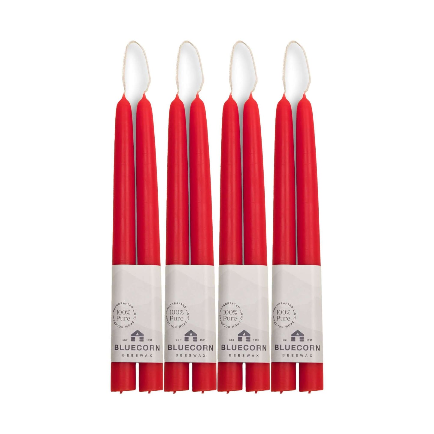 Set of eight 10-inch red beeswax taper candles from Bluecorn Candles, bulk bundle of hand-dipped taper candle sticks.