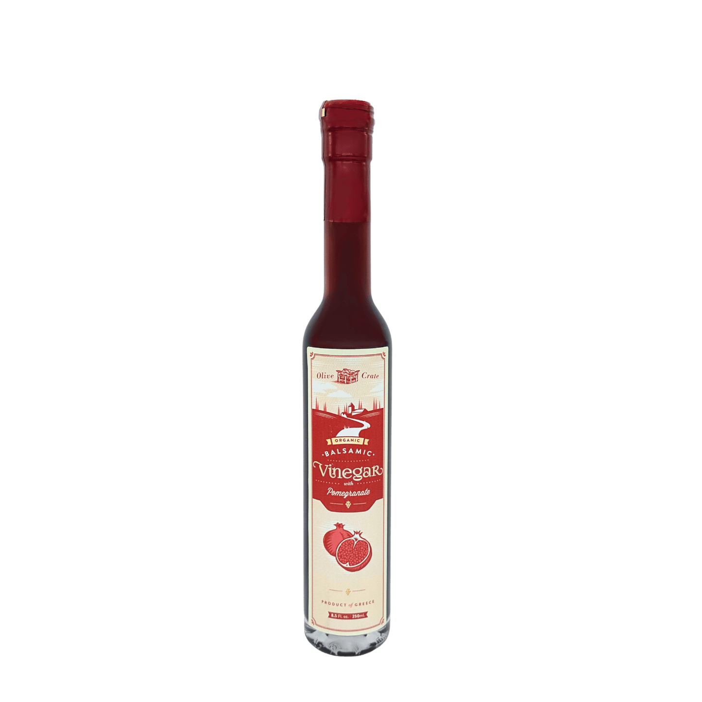Bottle of Olive Crate 100% organic balsamic vinegar with pomegranate, showing the label and dark balsamic liquid inside.