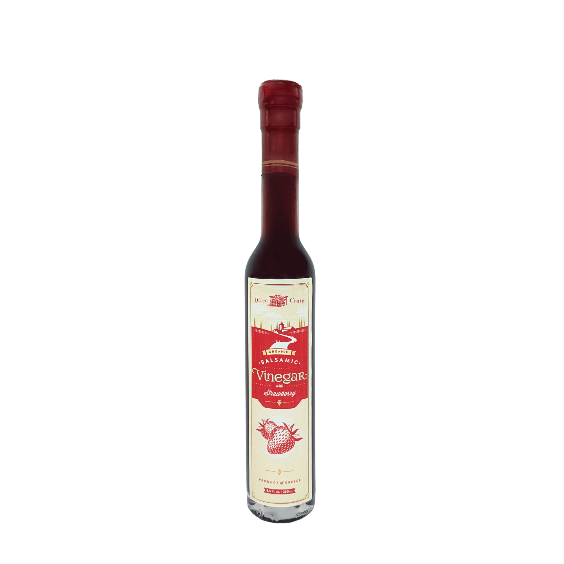 Bottle of Olive Crate 100% organic balsamic vinegar with strawberry, featuring a dark vinegar liquid and fresh strawberries on the label