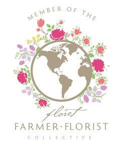 A globe surrounded by colorful flowers with the text Member of the Floret Farmer-Florist Collective in a circular arrangement.