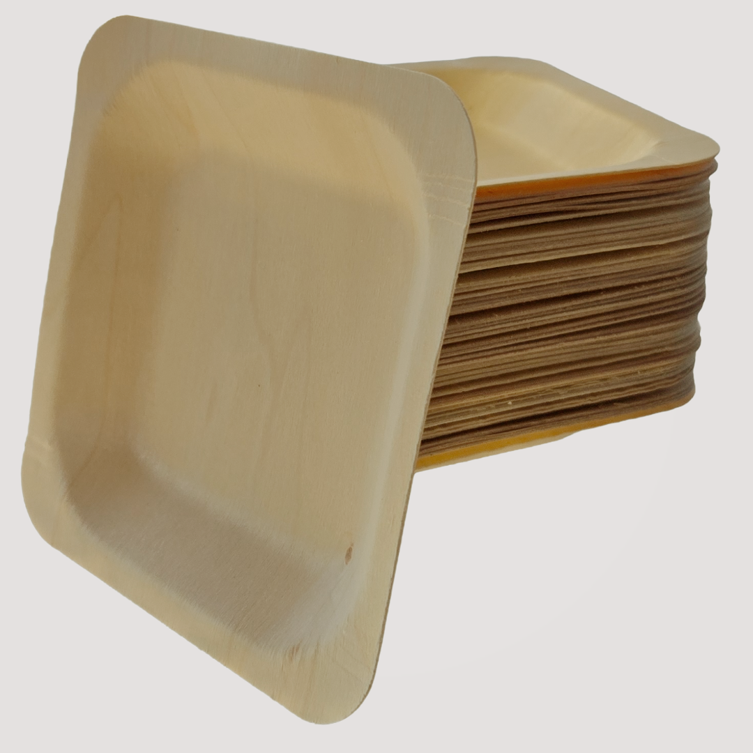 Set of 9-inch eco-friendly square wooden plates from MicRic, bamboo and palm leaf material, 300-pack for sustainable dining.