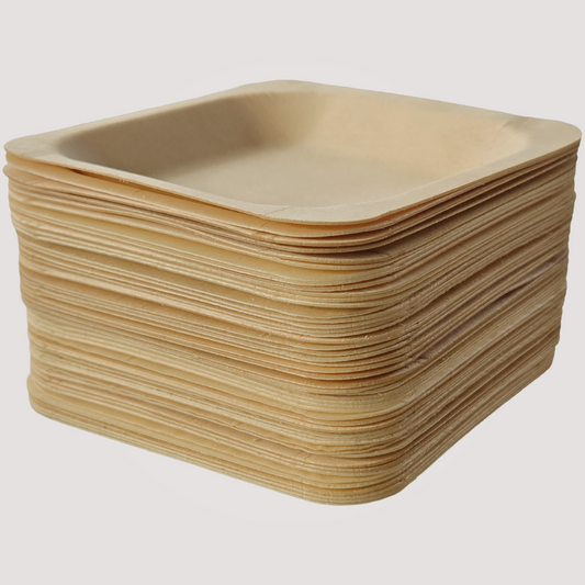 MicRic eco-friendly square wooden plate, 7x7 inches, biodegradable, bamboo-like, for serving, shown in a stack.