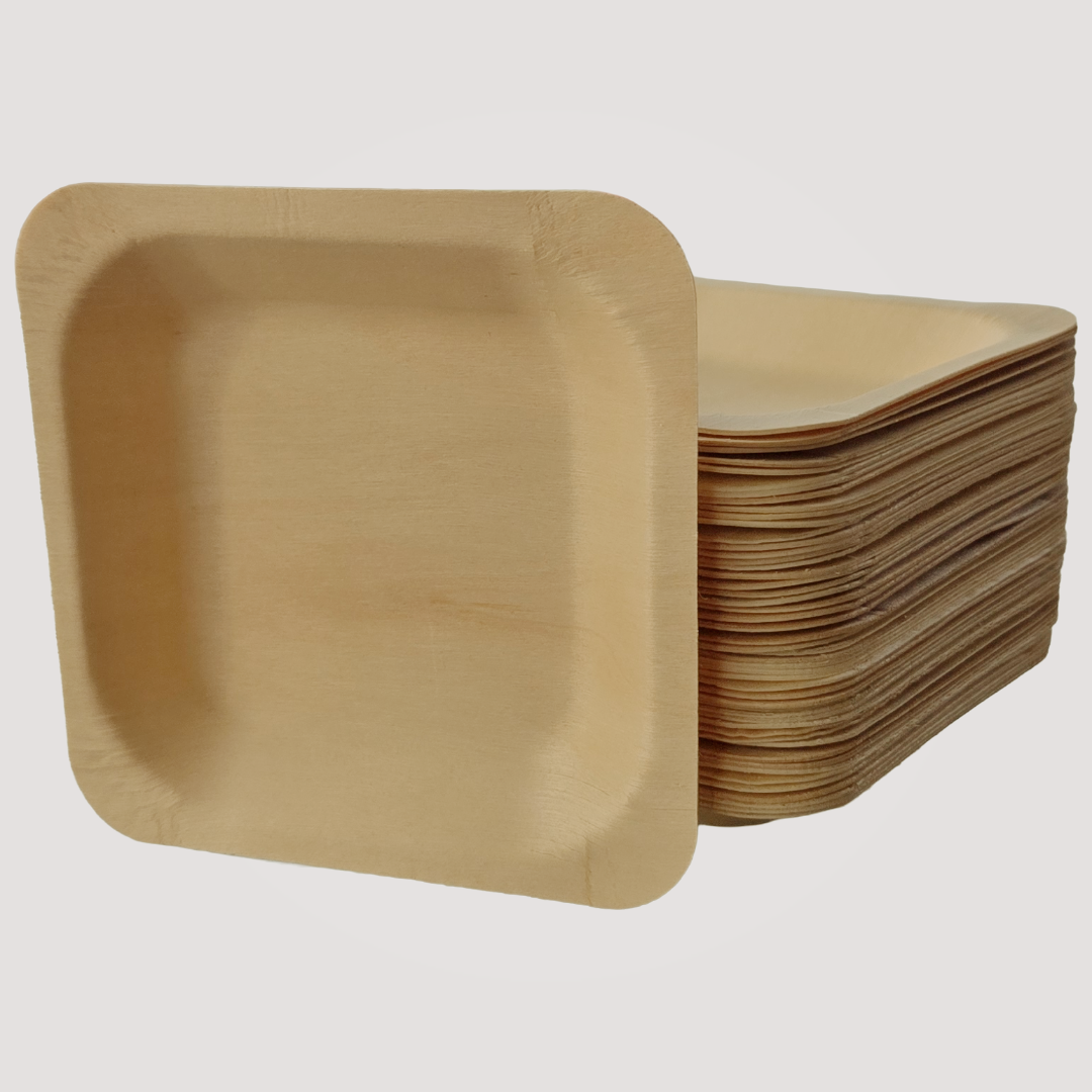 Square wooden plate by MicRic, eco-friendly 7" x 7" bamboo and palm leaf material, 300-pack for sustainable dining.