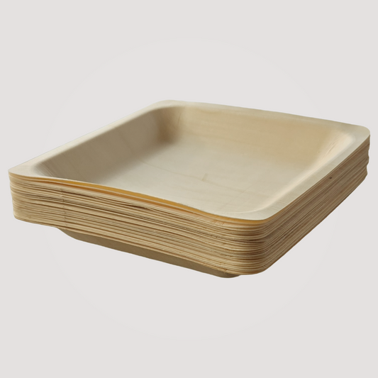 MicRic eco-friendly square wooden plate, 4.5-inch size, made from bamboo and palm leaf, shown in a 500-pack box.