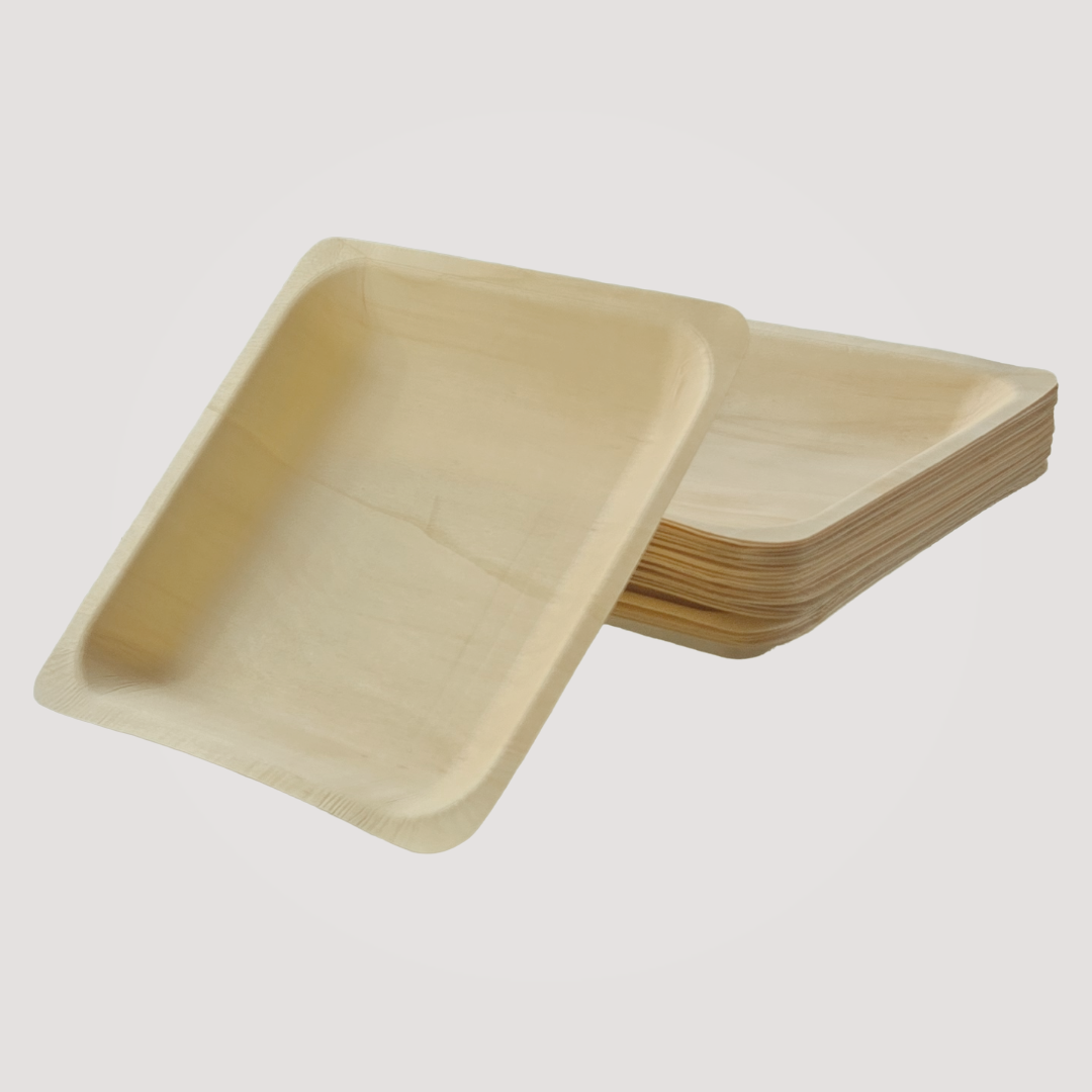 Set of 9-inch eco-friendly square wooden plates by MicRic, made from bamboo or palm leaf, in a 300-pack for gatherings.