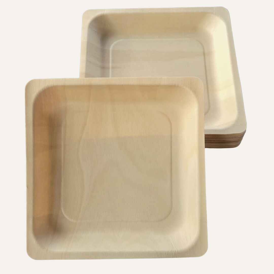 Set of 9-inch Eco-Friendly Square Wooden Plates by MicRic, made from bamboo and palm leaf, with a natural wood finish.