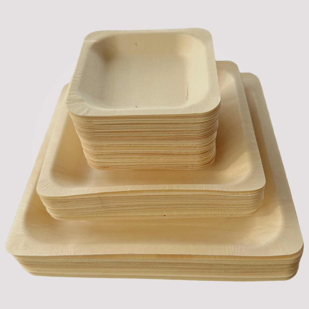 MicRic eco-friendly square wooden plates, 9x9 inches, made from bamboo and palm leaf, set of 300 for sustainable dining.