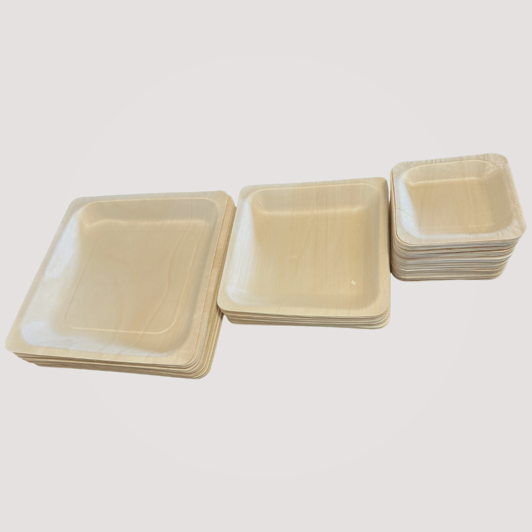 MicRic eco-friendly square wooden plates, 9x9 inches, like bamboo and palm leaf, shown in a pack of 300 for sustainable dining.