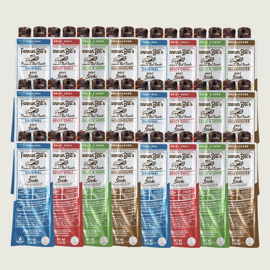 Farmer Bill's Provisions beef stick bundle showing assorted beef jerky sticks in a clear plastic package.