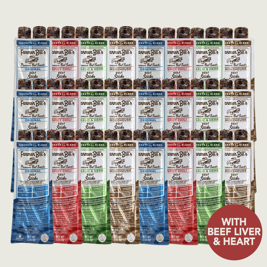 Farmer Bill's Provisions Ancestral Beef Stick Bundle featuring assorted natural beef jerky sticks in a bundle package.