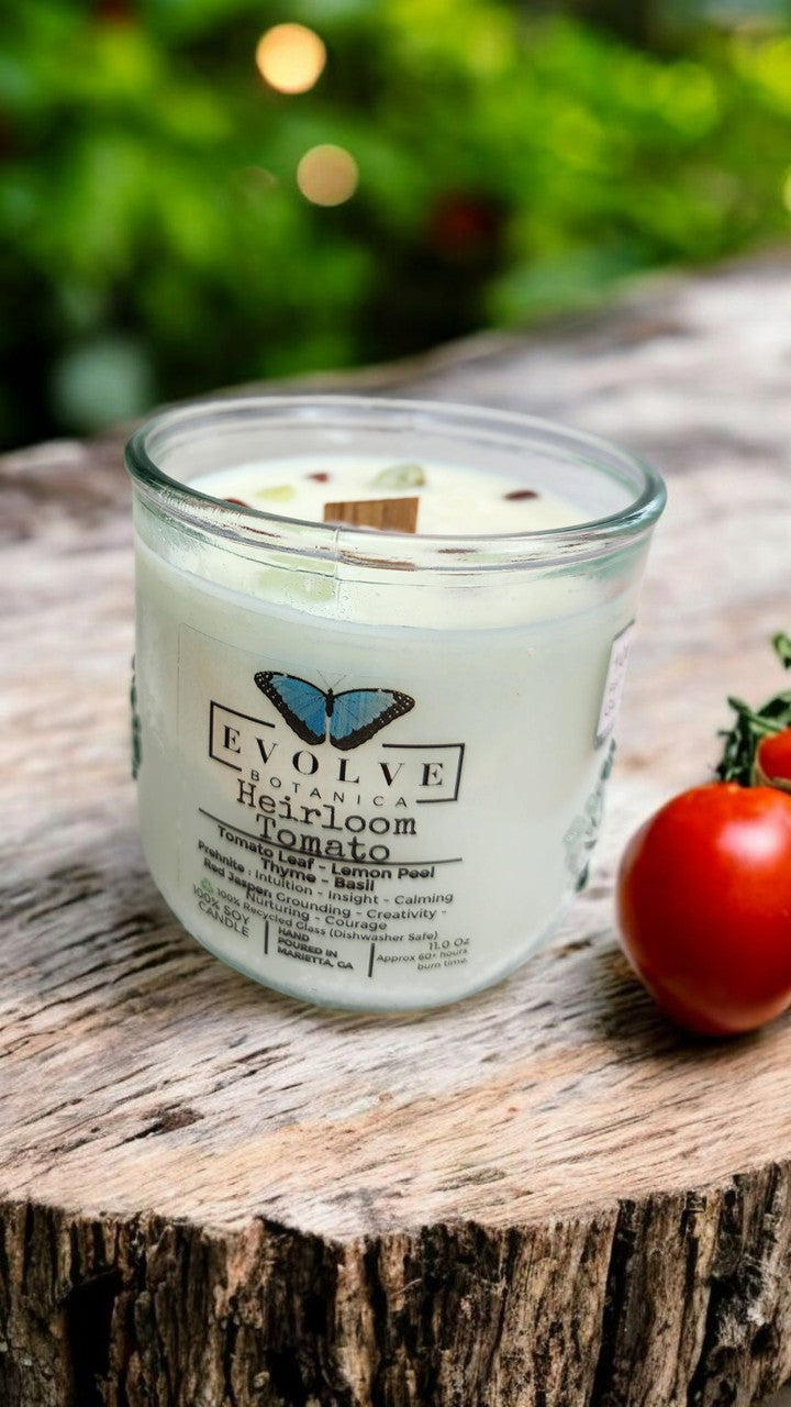 Rocks Candle - Heirloom Tomato (Wood Wick, Prehnite & Red Jasper, Soy Candle) - Blessings Grow Meadows