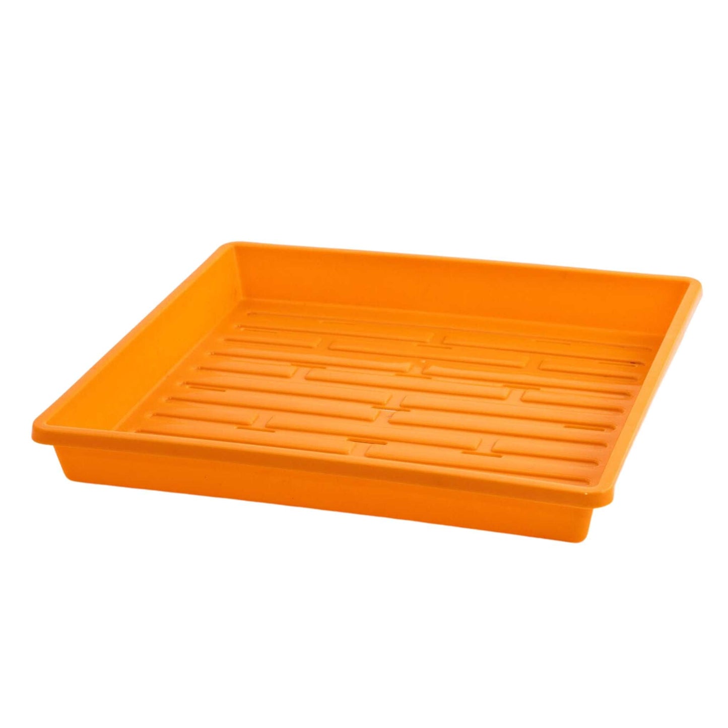 Bootstrap Farmer 1010 shallow seed trays in orange, showing multiple trays stacked for seed starting and propagation.