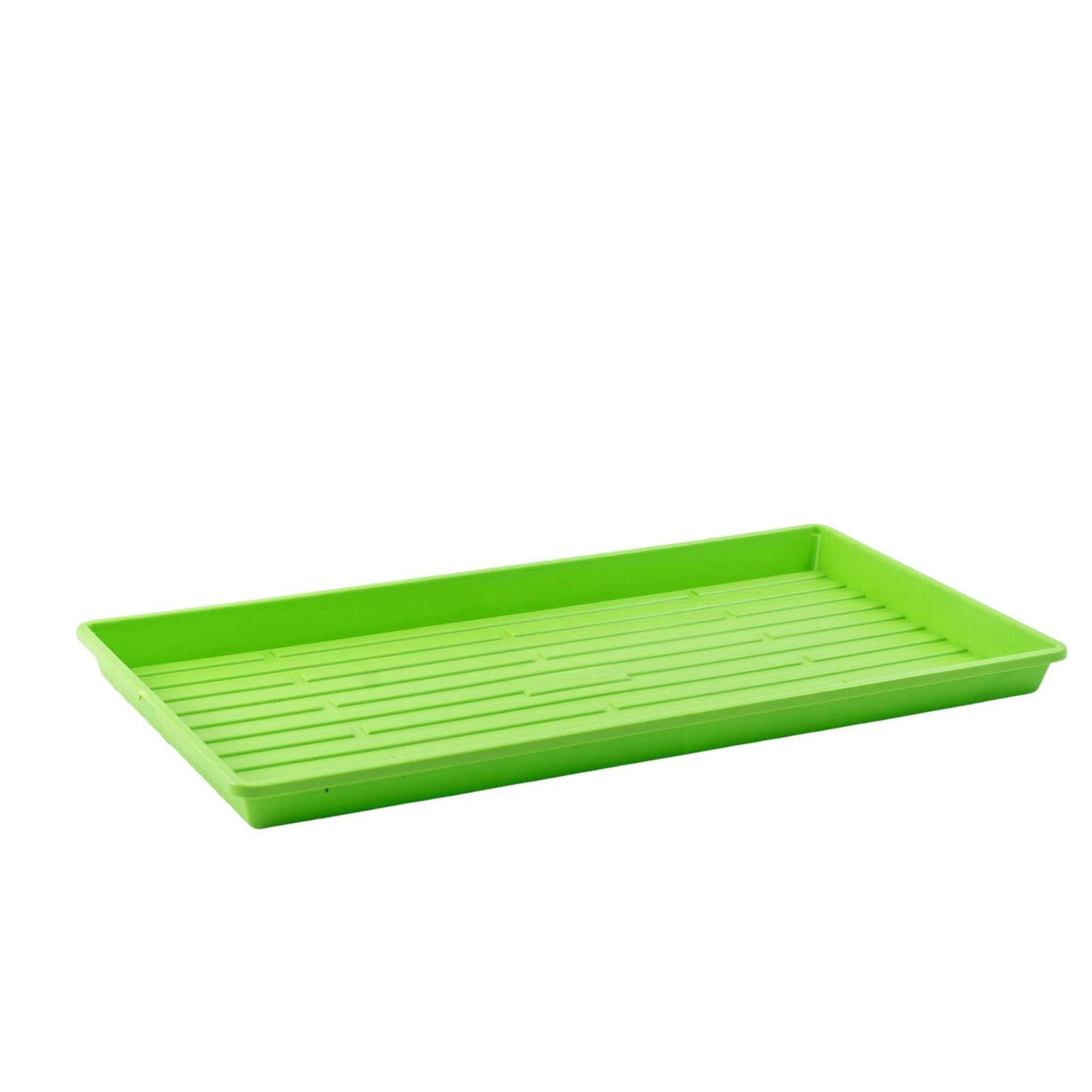 Plastic rectangular seed tray bright lime green color featuring parallel drainage channels and slightly raised edges for easy handling
