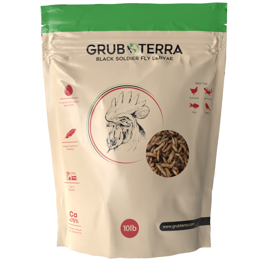 GrubTerra Dried Black Soldier Fly Larvae 10lb by GrubTerra comes in a beige bag with a chicken sketch, clear window to view larvae, and icons for poultry, reptiles, fish, and wild birds.