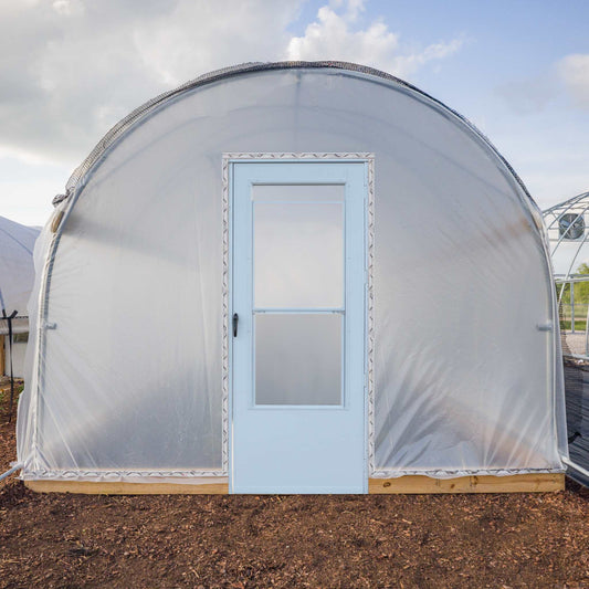 Bootstrap Farmer 10' Essential High Tunnel Kit with roll-up sides and end wall door, ideal for protected gardening and crop growth.
