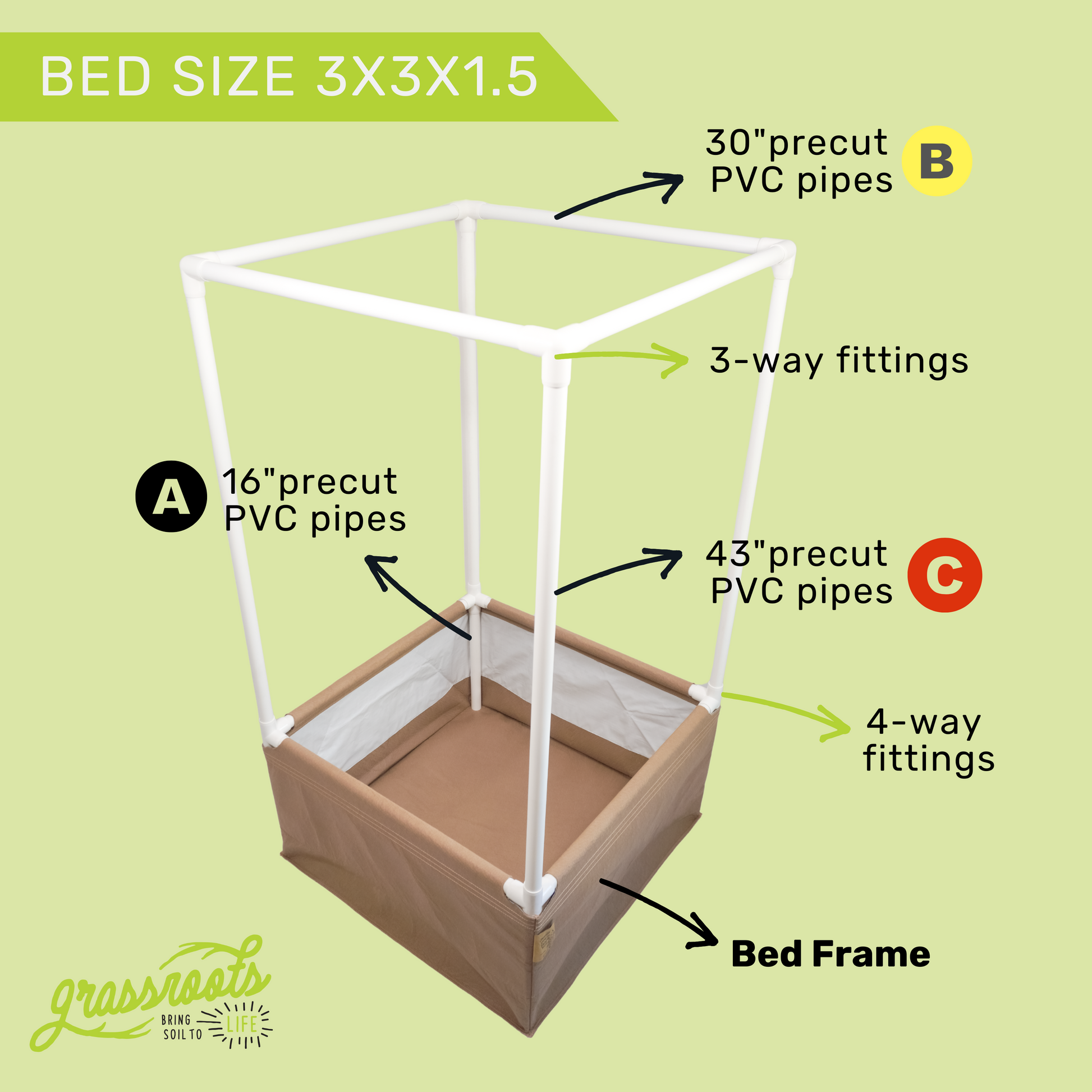 Complete kit of Grassroots Fabric Pots living soil fabric bed with assembled fabric bed and planting materials for gardening.