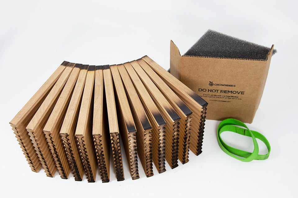 Summer reusable wood tray for bees by CrownBees, featuring 156 holes for bee nesting and protection during summer months.