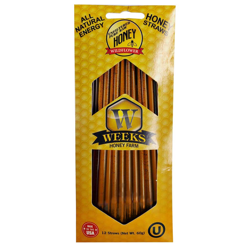 A 12-pack of Weeks Honey Farm Raw Honey Straws in Wildflower, featuring yellow honeycomb packaging with the Weeks logo and All Natural Energy. Also available in Orange Blossom and Raspberry Honey varieties.