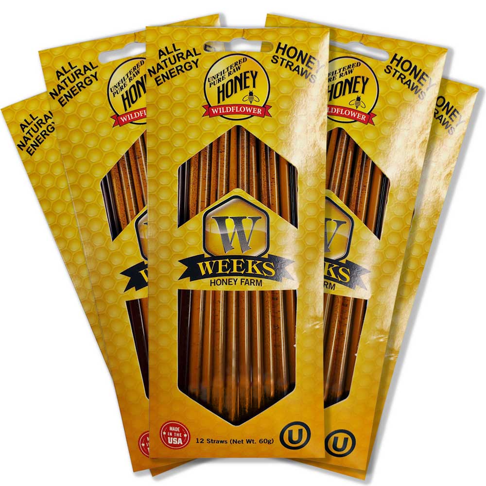 Four packs of Weeks Honey Farm Raw Honey Straws (Orange Blossom, Wildflower, Raspberry) are fanned out. Each yellow honeycomb pack has 12 all-natural straws and highlights USA-made natural energy.