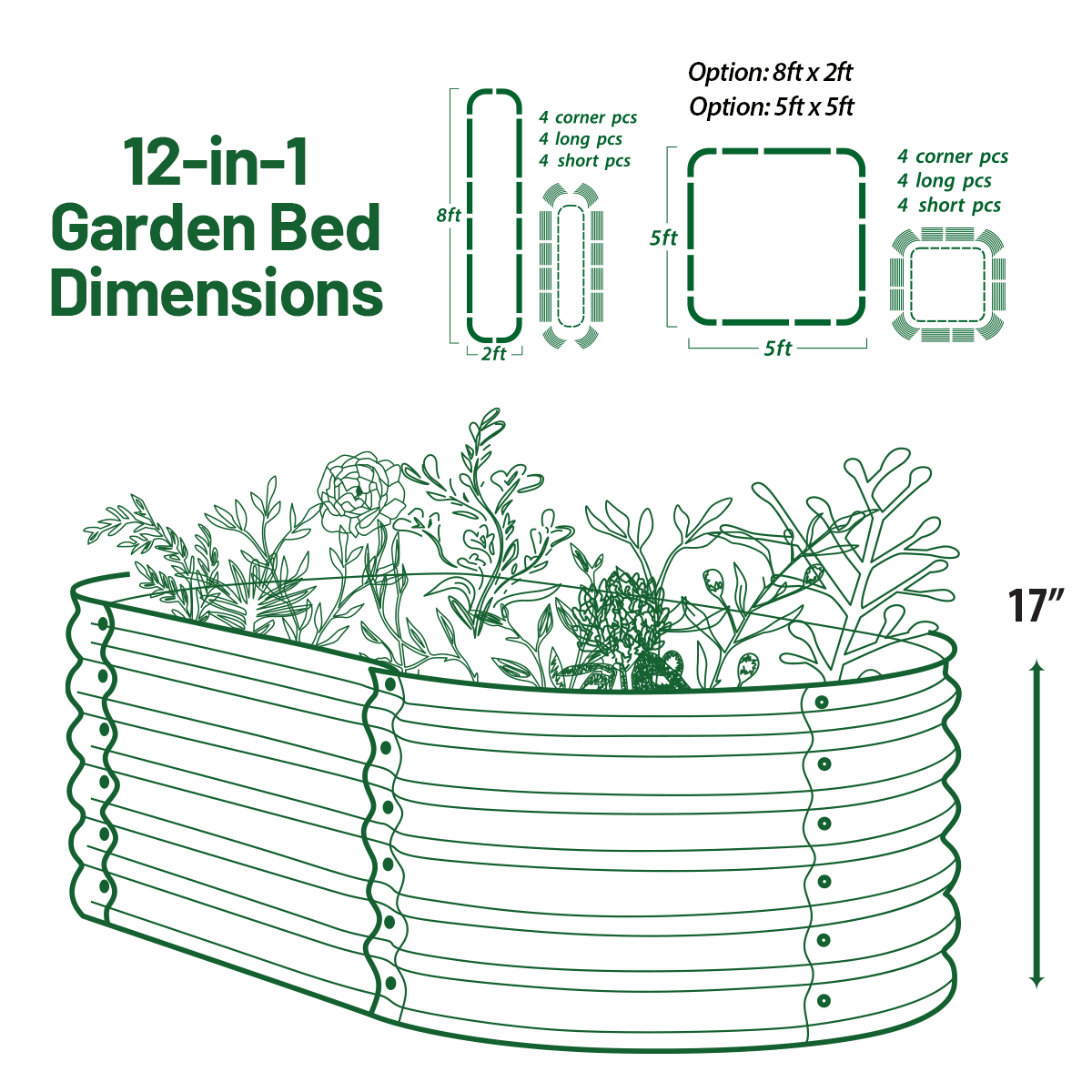 Olle Gardens 17" Tall, 12-in-1 Raised Garden Bed