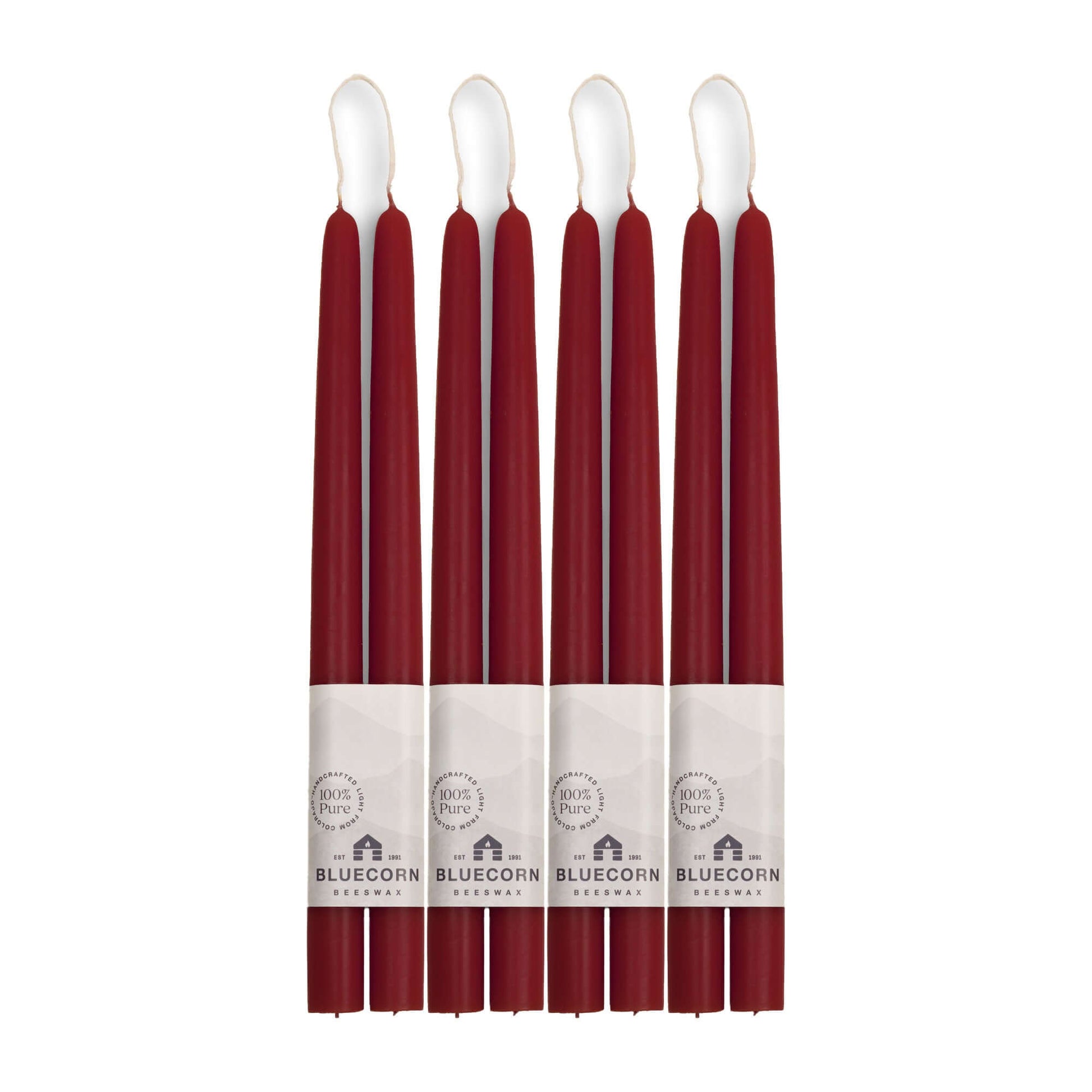 Set of 8 burgundy red 12-inch beeswax taper candles from Bluecorn Candles, perfect for elegant home lighting or decor.