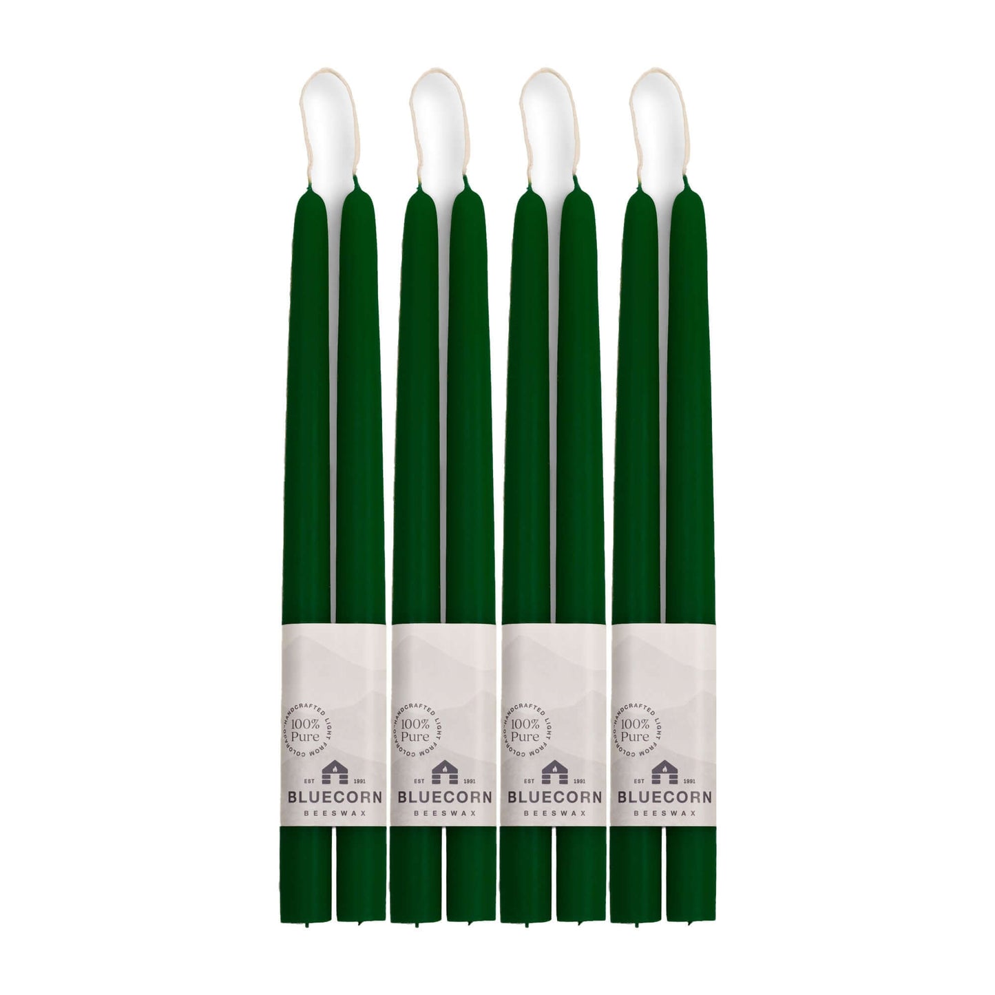 Pair of 12-inch moss green beeswax taper candles from Bluecorn Candles, bulk set of 8, hand-dipped and natural.